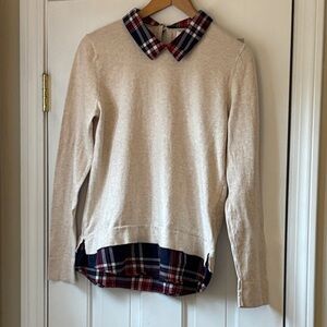 J. Crew Beige Top with Navy Plaid Details